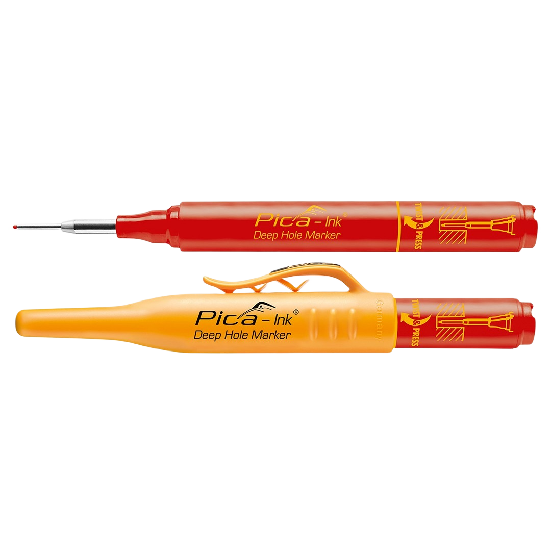 Red deep hole marker pen with durable metal tip and protective yellow cap, part of woodworking hand tools under $50 collection