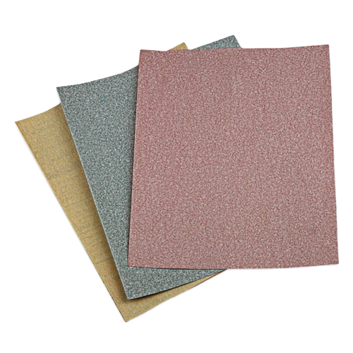 Three stacked abrasive sandpaper sheets in varied grits for sanding and surface prep in home improvement tools collection