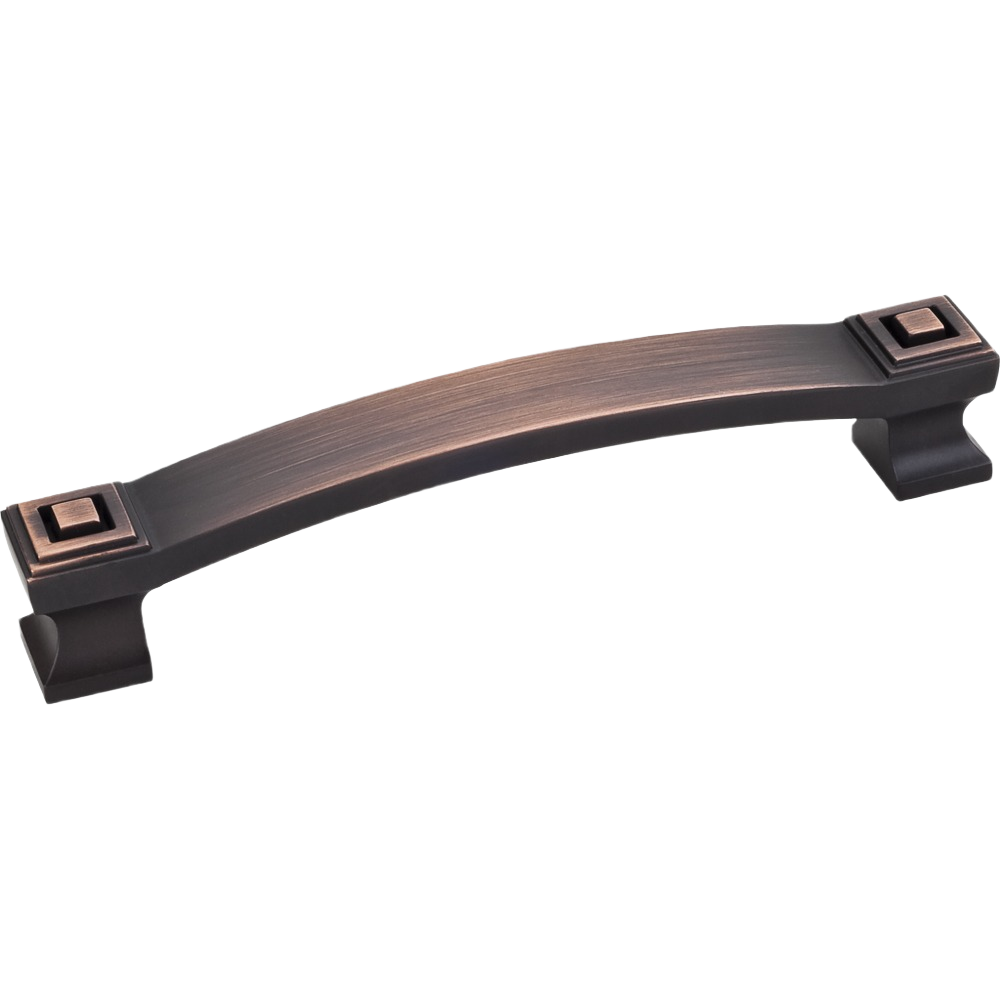 Curved cabinet pull in brushed oil rubbed bronze with square decorative ends for home improvement and furniture accessories