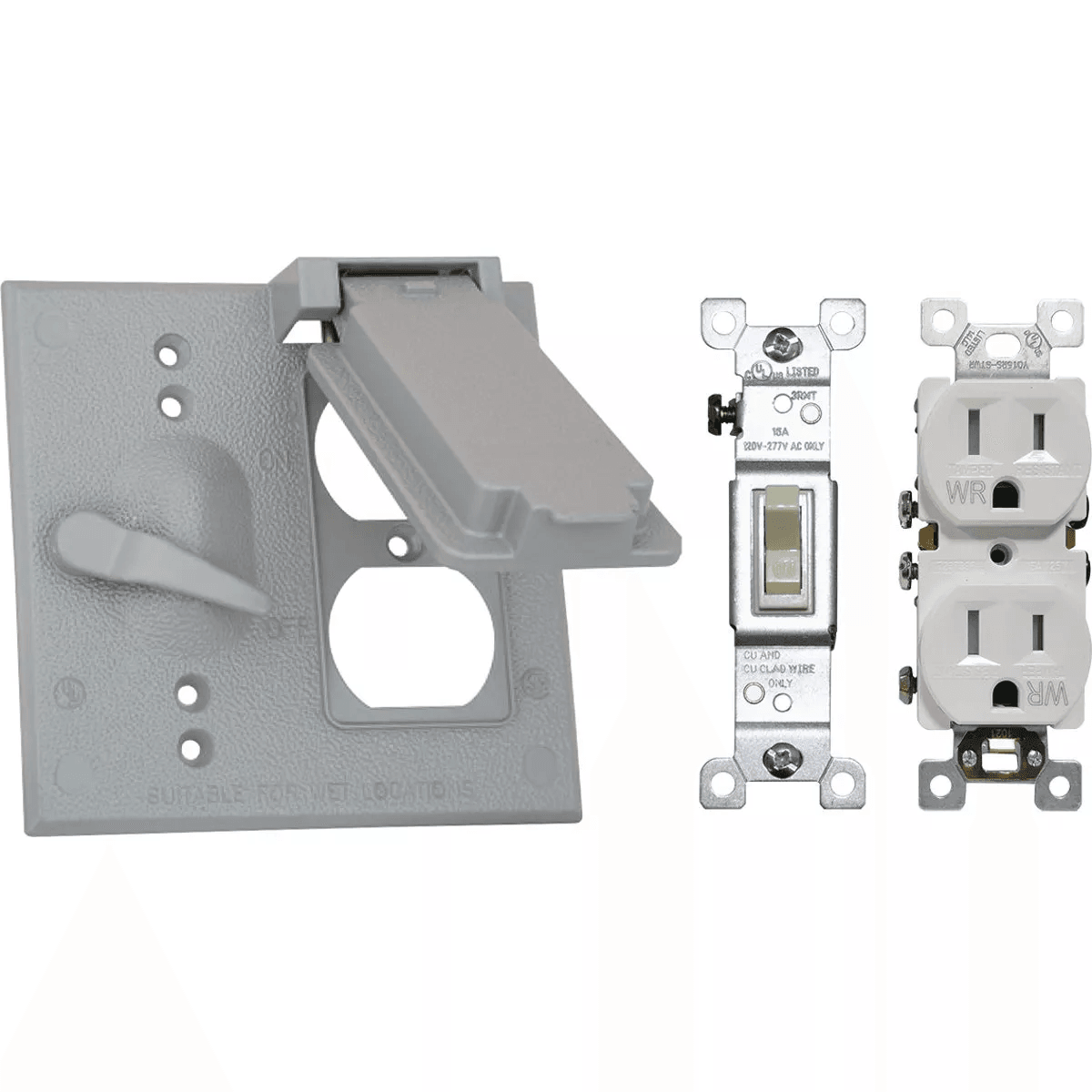 Gray weatherproof electrical cover with toggle switch and duplex WRTR receptacle for outdoor home improvement use