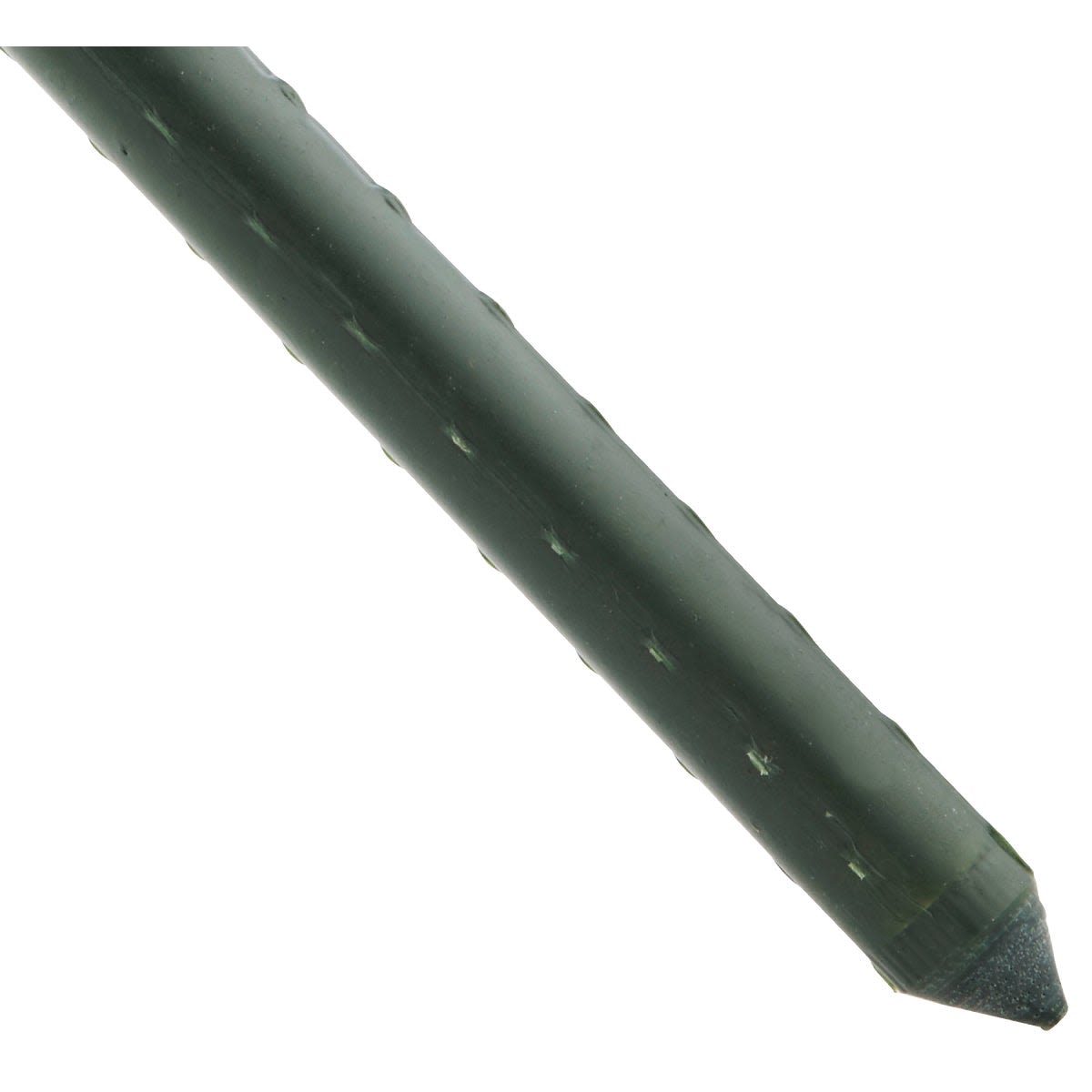 Close-up of a green steel plant stake with pointed tip for garden support and home improvement use