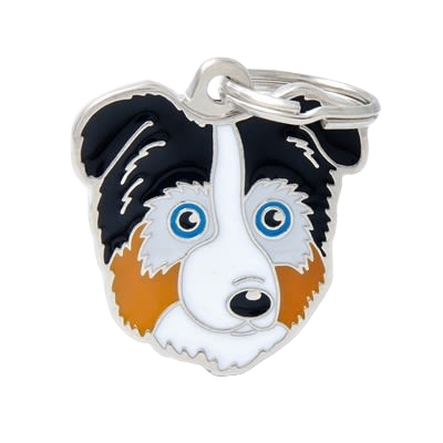 Colorful Australian Shepherd dog face ID tag with detailed enamel finish and attached metal key ring for pet identification