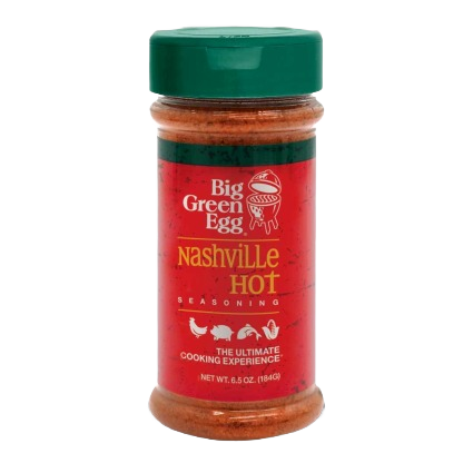 Bottle of Big Green Egg Nashville Hot Seasoning with fire and mustard tang for grilling in BBQ Sauces & Rubs collection