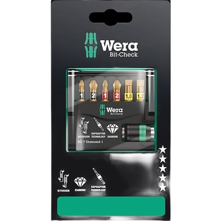 Compact seven-piece bit set with diamond-coated tips for secure grip in tool accessories and drill bits collections.