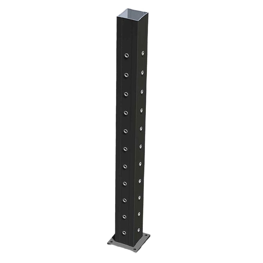 Black steel corner post with multiple bolt holes and base plate for home improvement and structural support projects
