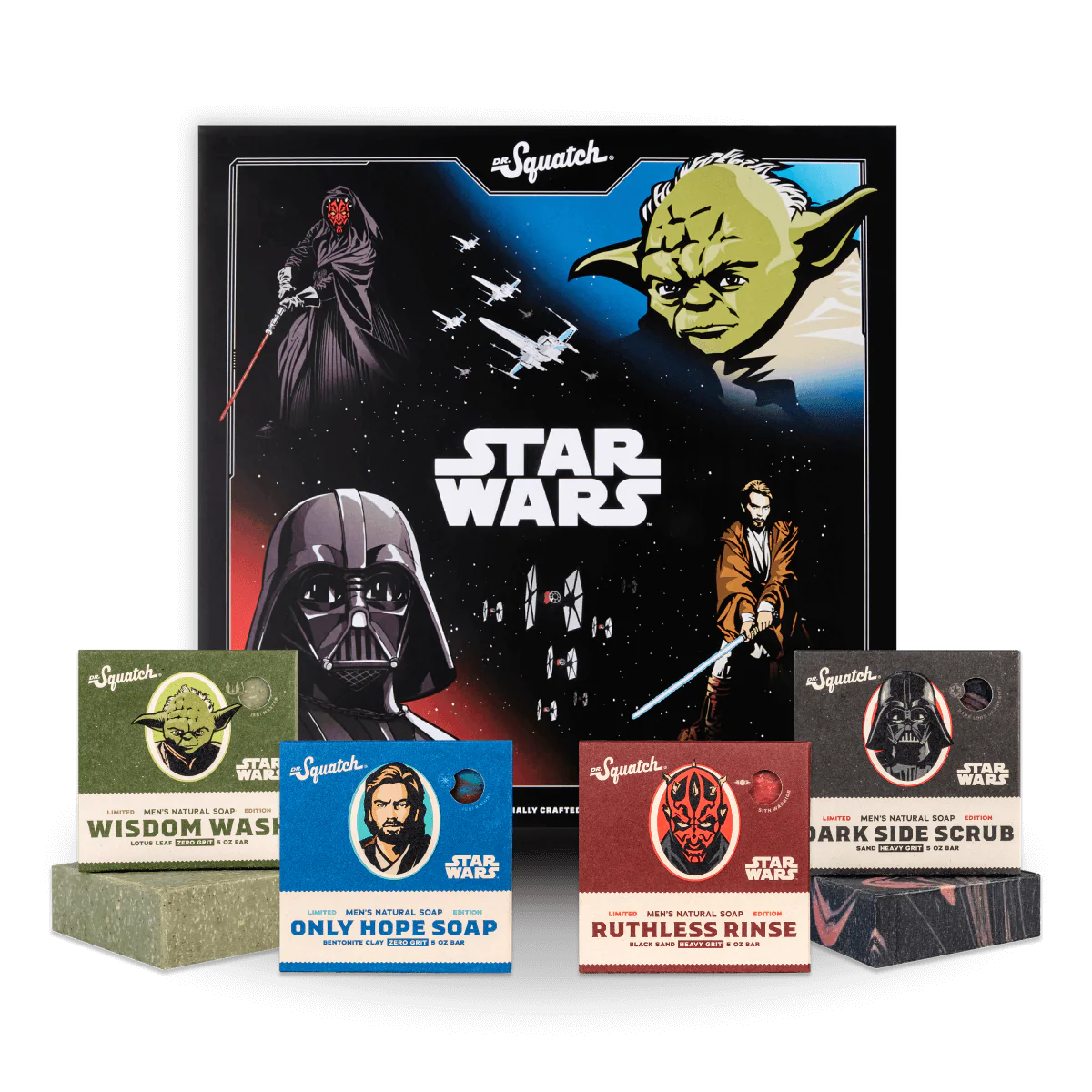 Set of Star Wars-themed natural soaps and scrubs with illustrated characters on colorful packaging for personal care.