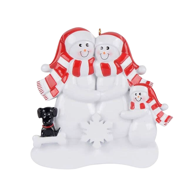 Rudolph & Me Personalized Snow Family of 3 with Black Dog Ornament