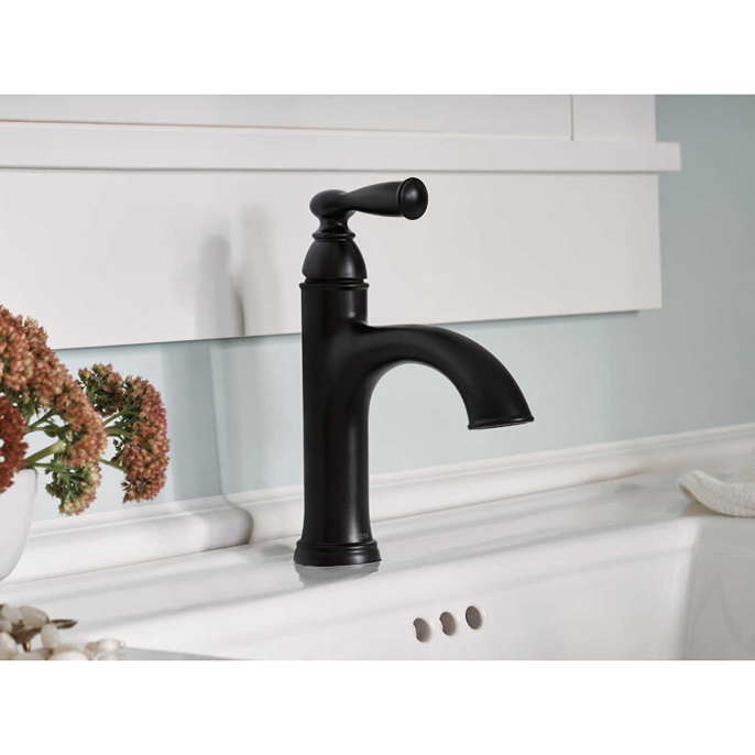 Moen Banbury matte black high-arc faucet with one handle for bathroom sink in home improvement and plumbing projects
