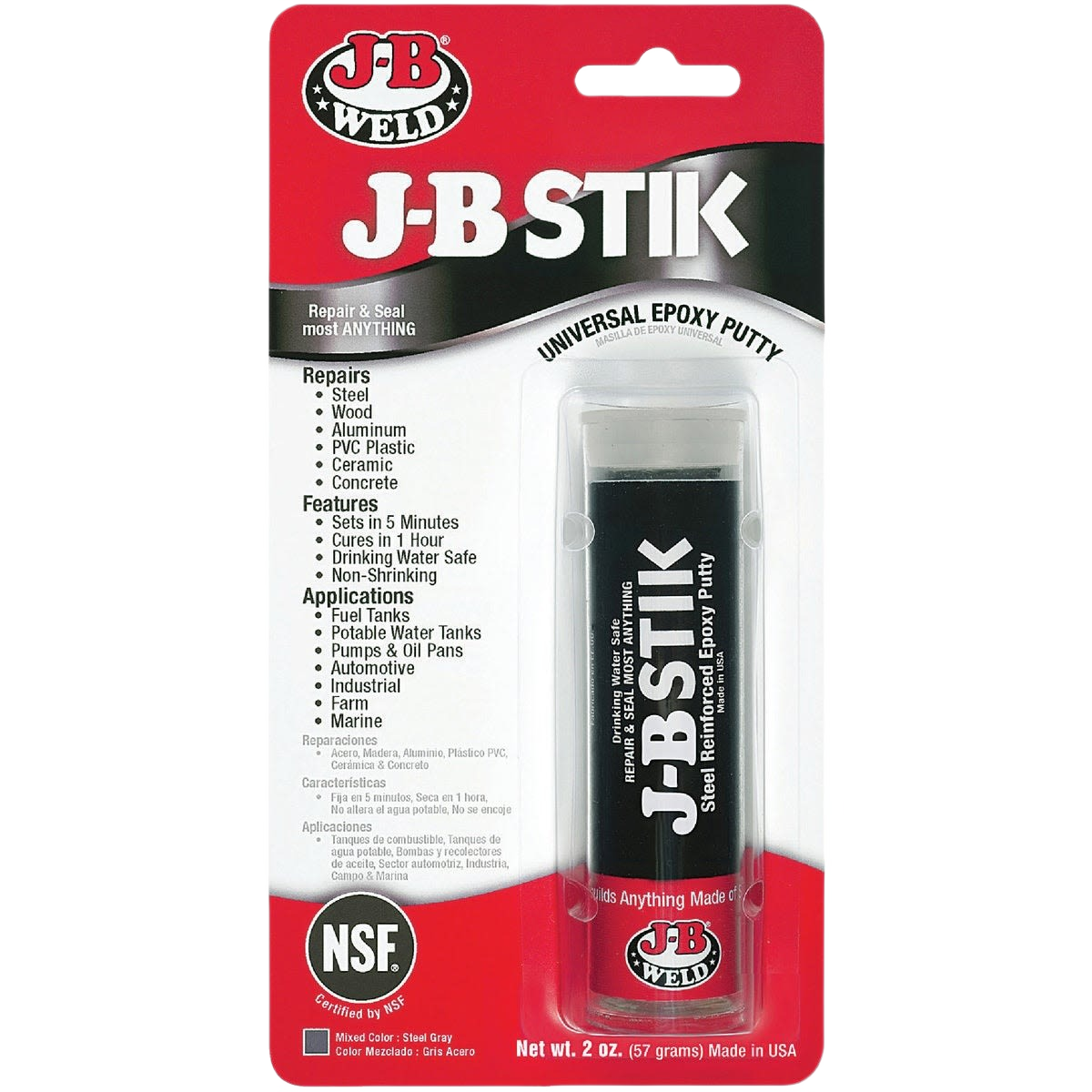 JB Weld Steelstik gray epoxy putty in 2 oz package for versatile sealing and repair of various materials