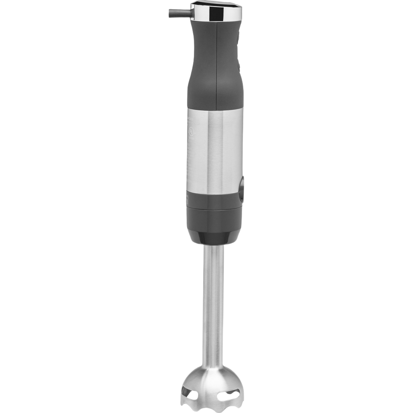 Sleek stainless steel immersion blender with black ergonomic handle for efficient kitchen food blending tasks