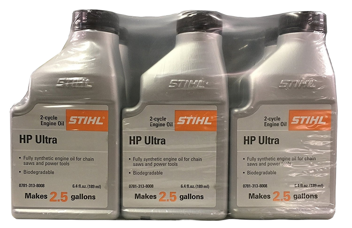 Six-pack of synthetic 2-cycle engine oil bottles for STIHL chainsaws and power tools in parts and lubricants collection