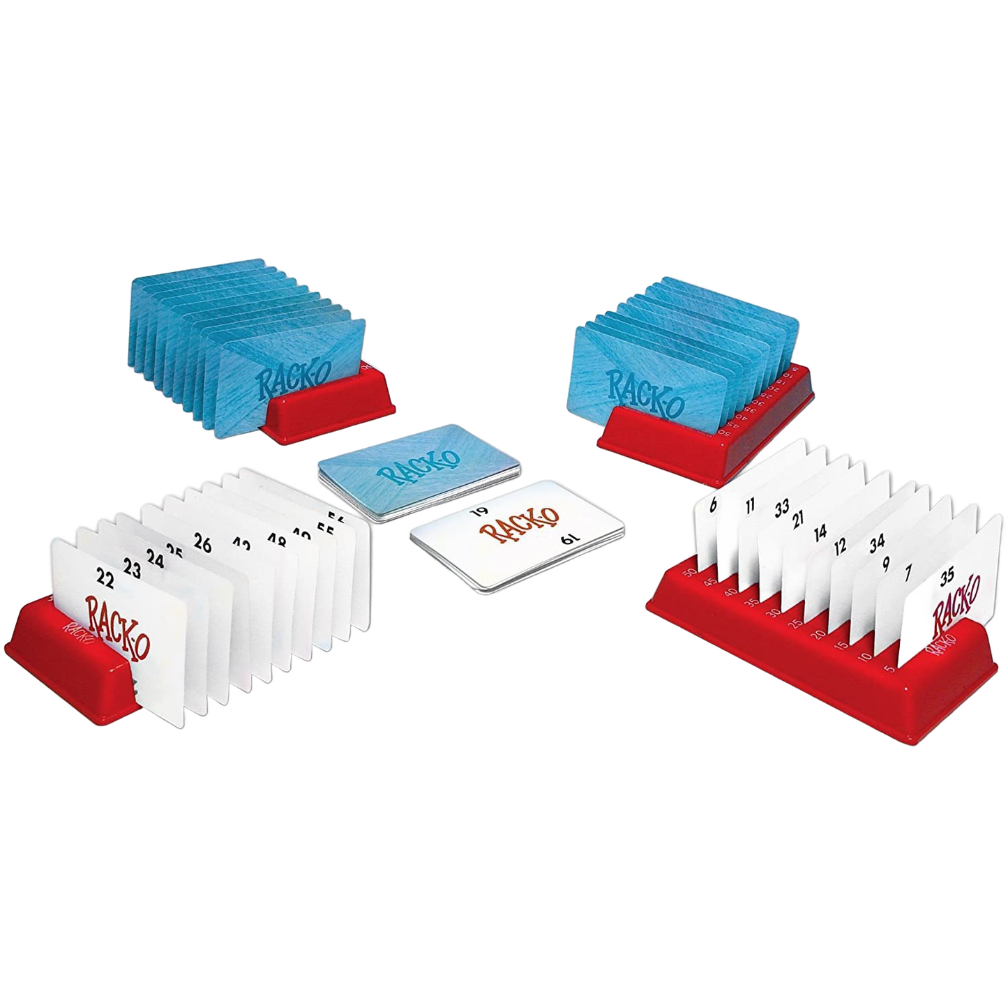 Rack-O game with red plastic card holders and numbered white and blue cards, part of Toys & Games under $50 collection