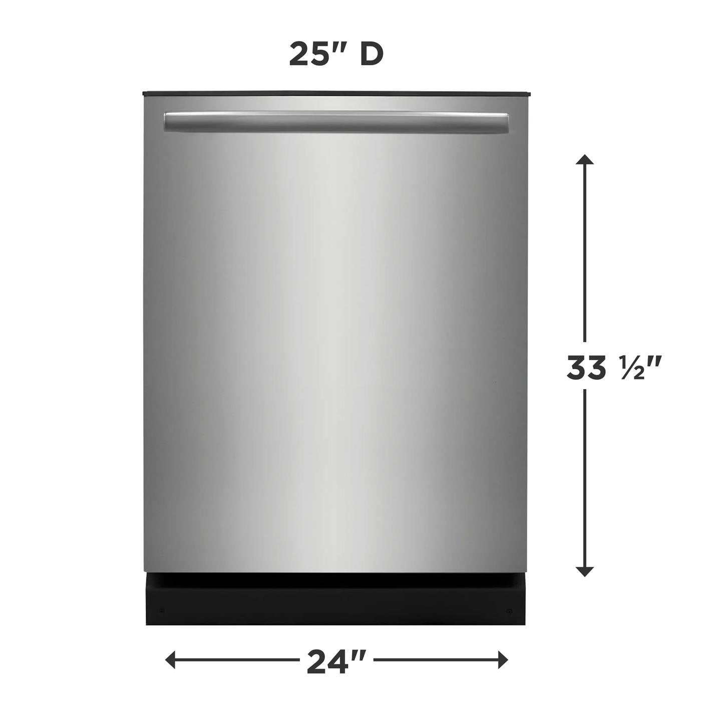 Front view of a stainless steel built-in dishwasher showing dimensions for height, width, and depth in kitchen appliances collection