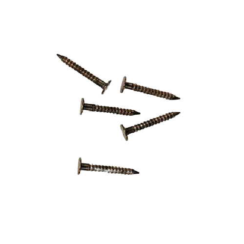 Collection of bronze boat nails with flat heads and precision threads for marine wood fastening and hardware projects