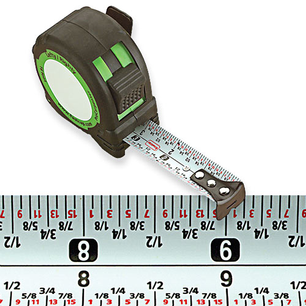 Compact tape measure with lefty and righty usability, featuring clear markings for precise measurements in woodworking tools.