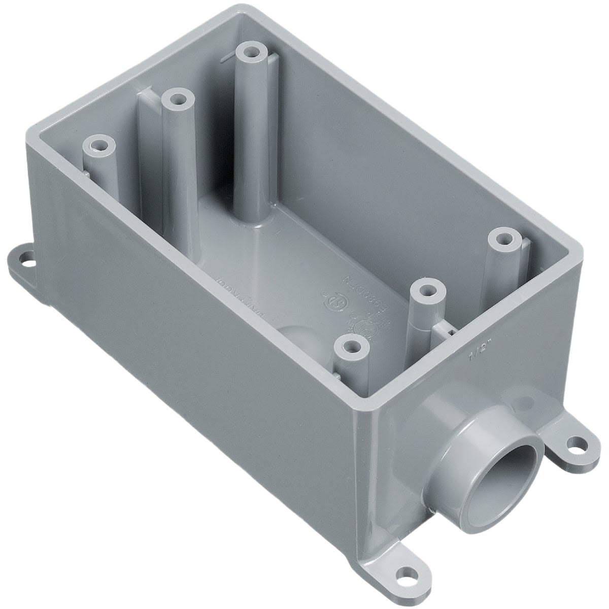 Gray plastic rectangular electrical wall box with conduit entry and mounting tabs for home improvement projects