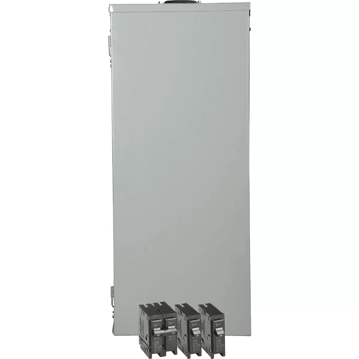 Gray metal indoor load center enclosure with three circuit breakers for home improvement projects