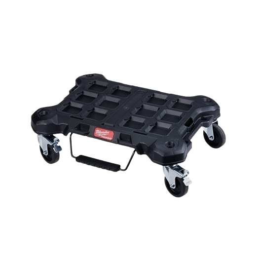 Compact black dolly with heavy-duty wheels for transporting modular tool storage and workshop organization systems