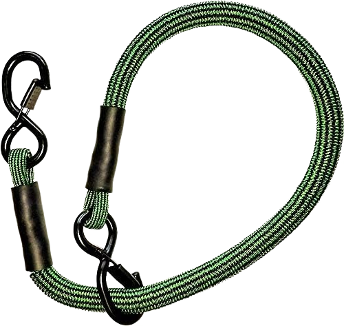 Green heavy-duty stretch cord with metal hooks for cargo tie-downs in automotive and towing equipment collections