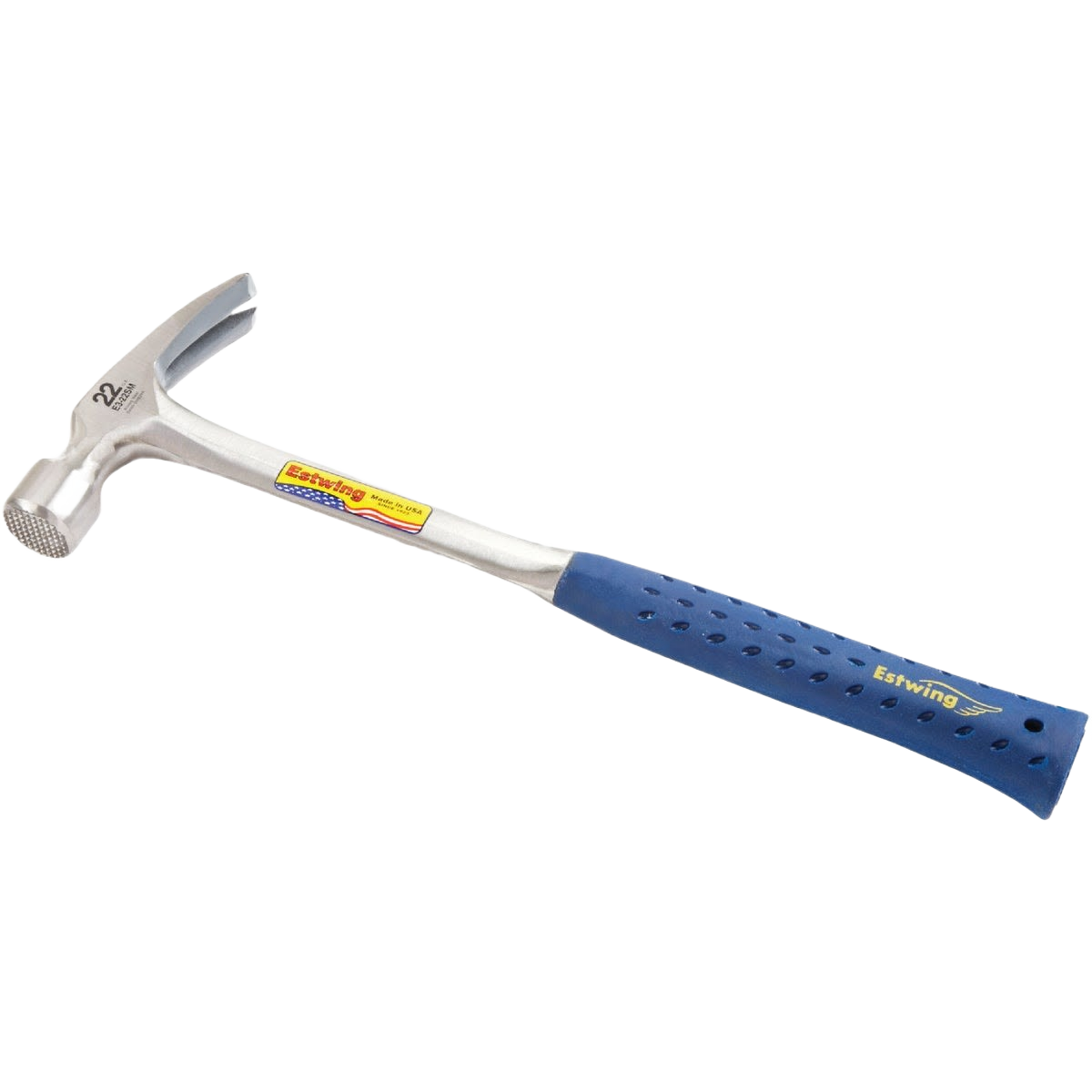 Claw framing hammer with nylon-covered steel handle and textured blue grip for construction and home improvement use