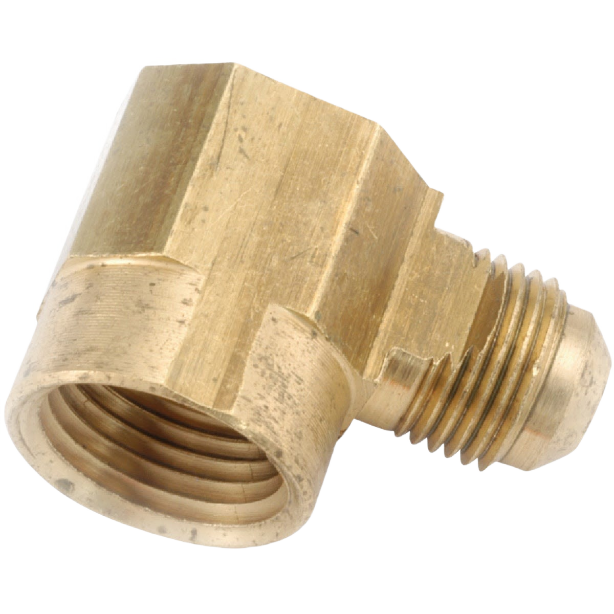 Brass 90-degree flare elbow fitting with threaded male and female ends for home improvement plumbing tasks