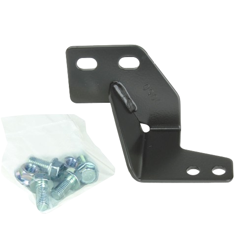 Black metal muffler bracket with mounting holes and a small bag of silver bolts for automotive and mechanic tool use