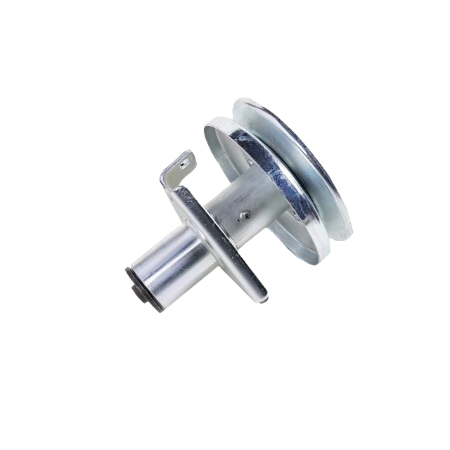 Metal mower deck spindle assembly component with pulley for lawn equipment blade rotation and home improvement use