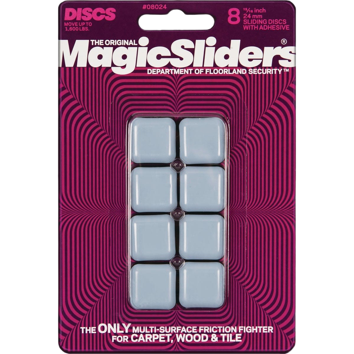 Package of eight light blue square self-adhesive furniture glides for moving carpet, wood, and tile surfaces in home improvement tasks