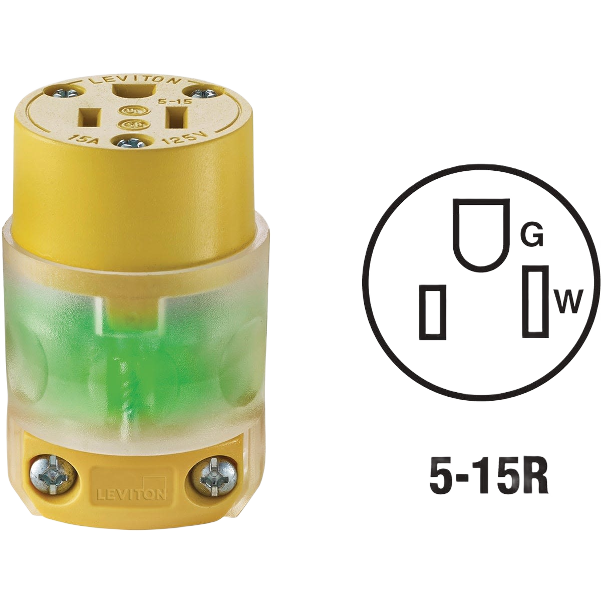 Yellow vinyl electrical cord connector with green illuminated indicator for indoor and outdoor use in wire and electrical collections