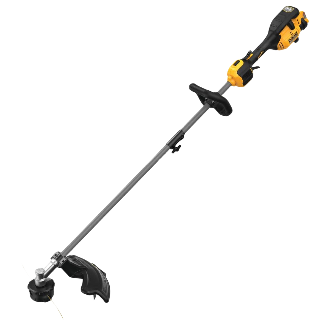Yellow and black cordless 60V string trimmer with 17-inch cutting width and attachment-ready shaft for landscaping tasks