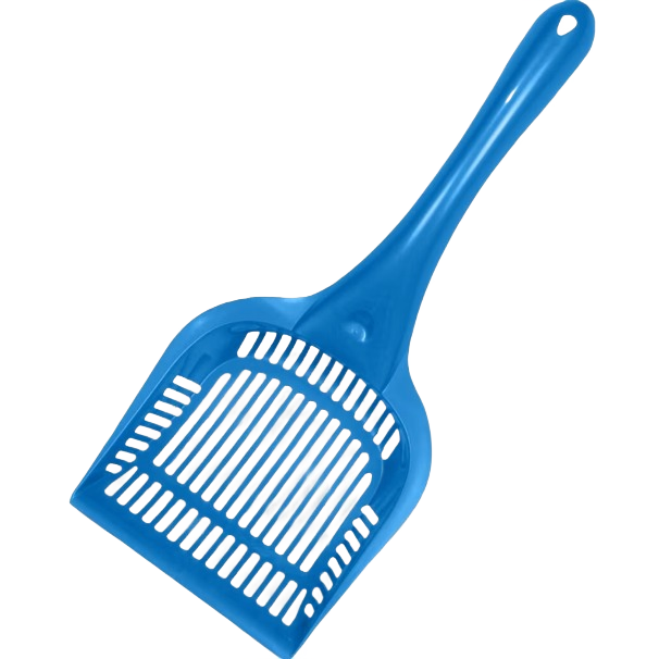 Blue plastic long-handled scoop with slotted base for efficient cleaning in pet care and home use