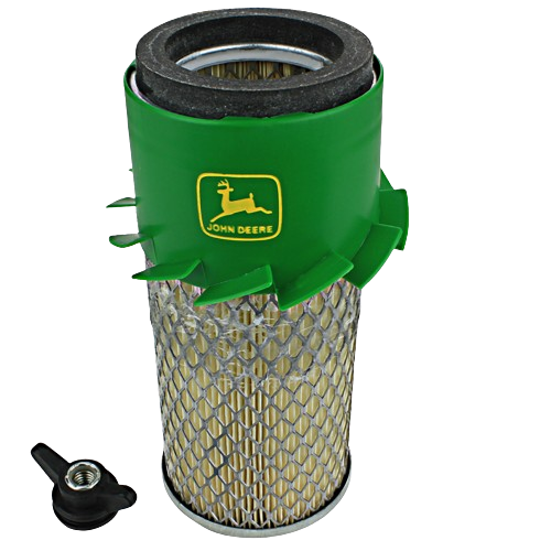 Primary air filter element with green casing and metal mesh for John Deere lawn and garden equipment maintenance parts