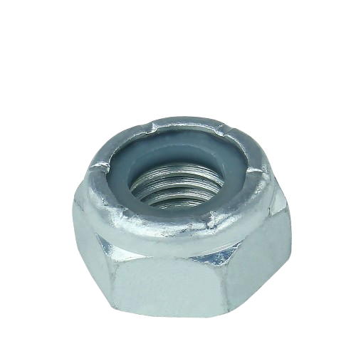 Hexagonal metal lock nut with blue nylon insert for secure fastening in John Deere parts and hardware collections