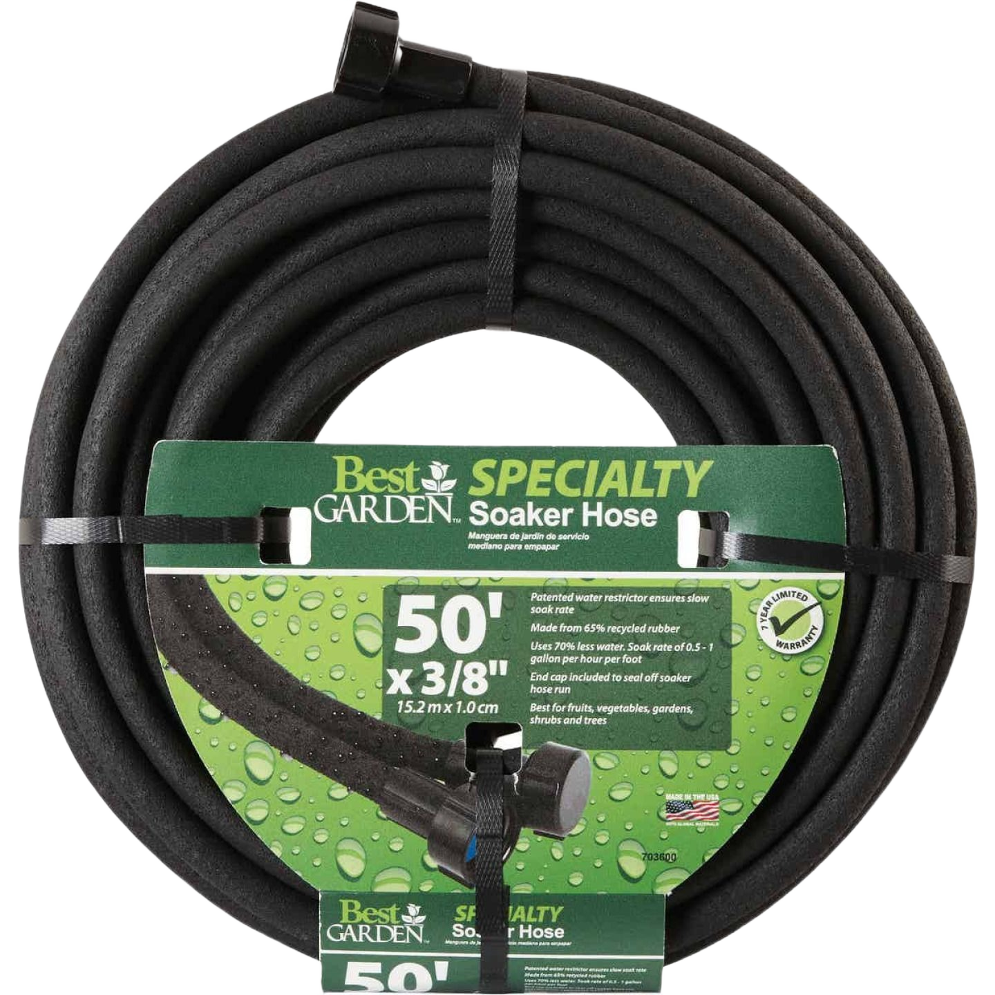 Black specialty soaker hose made from recycled rubber, designed for efficient watering in home improvement and gardening tasks