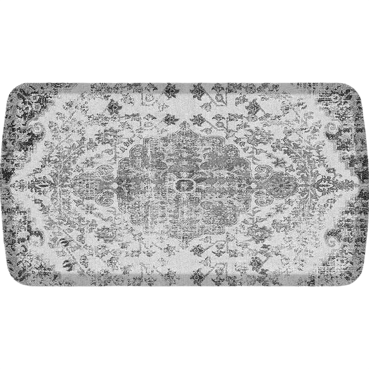 Grey medallion patterned mat designed for bath, kitchen, and flooring with soft cushioned support for comfort.