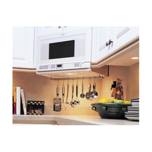 White over-the-counter microwave with sensor controls installed beneath kitchen cabinets in appliances collection