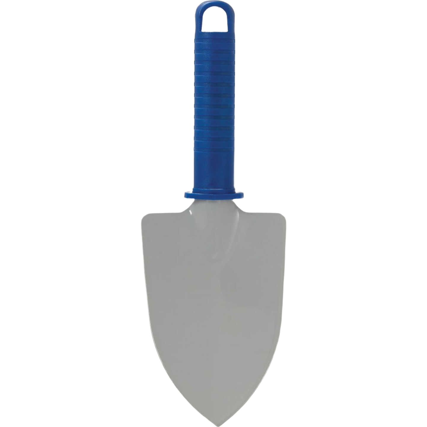 10-inch garden trowel with gray steel blade and blue textured handle for gardening and outdoor hand tool tasks