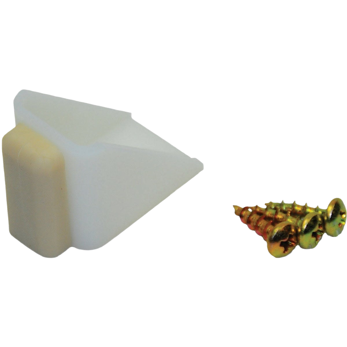 White molded nylon floor-mounted door stop with rubber bumper and three gold-tone mounting screws for hardware collections