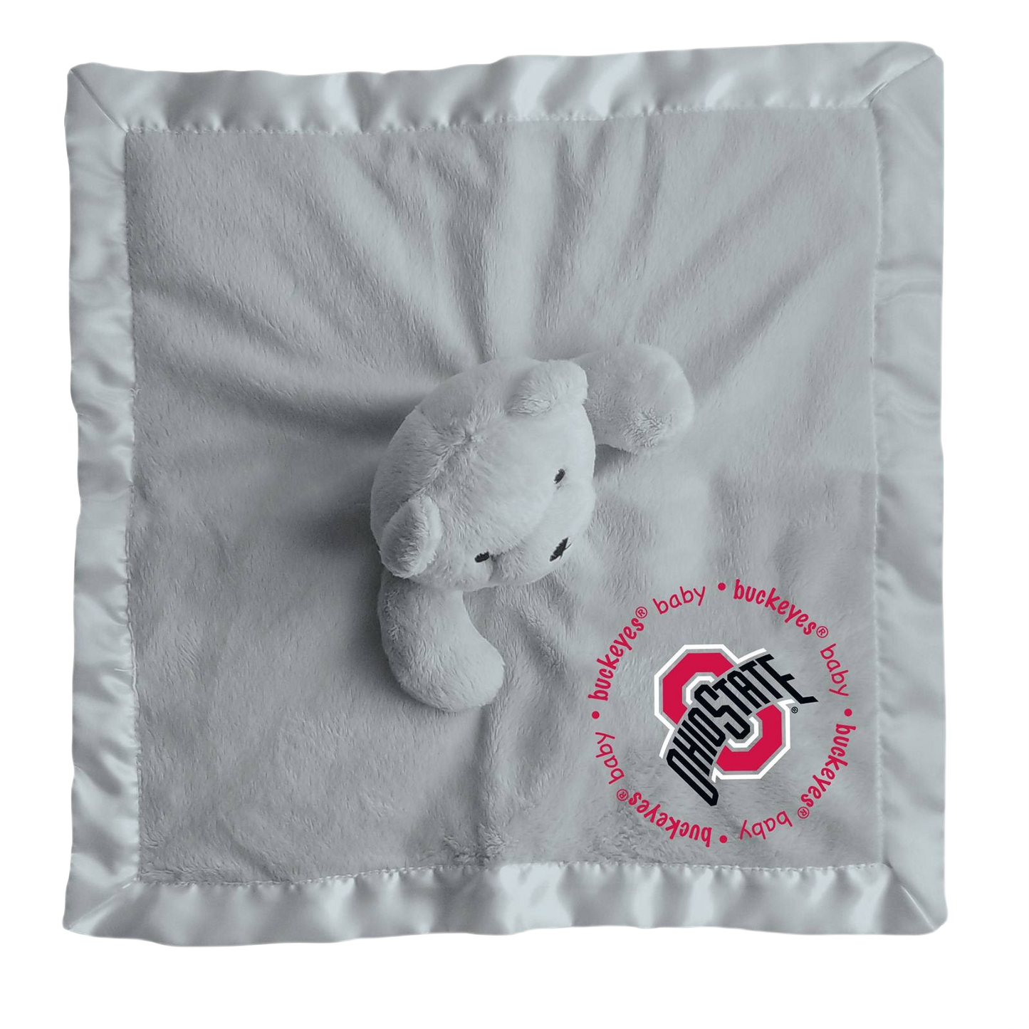 Gray plush baby security blanket with satin trim and Ohio State Buckeyes logo for children's comfort under $50 collections