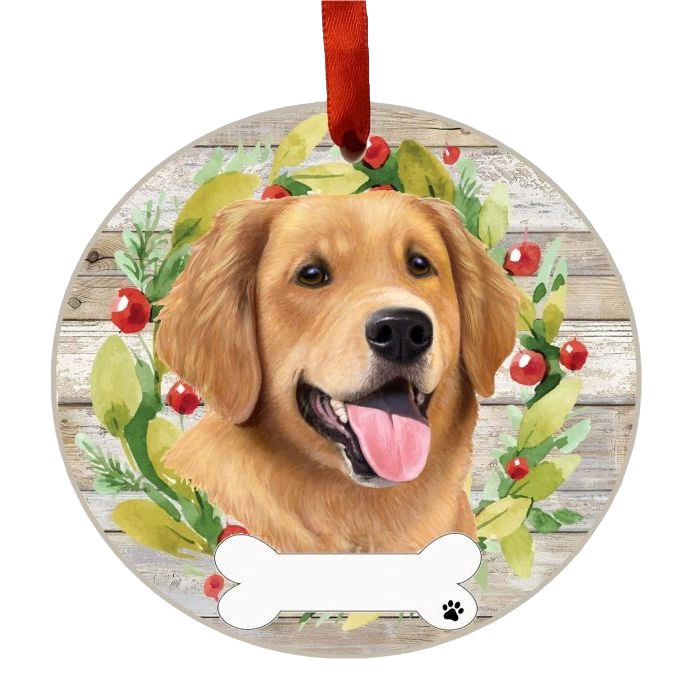 Round Christmas ornament featuring a happy Golden Retriever face with greenery and red berries wreath decoration