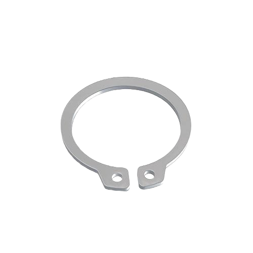 Close-up of a silver external snap ring used for securing components in mechanical and home improvement tools and equipment.