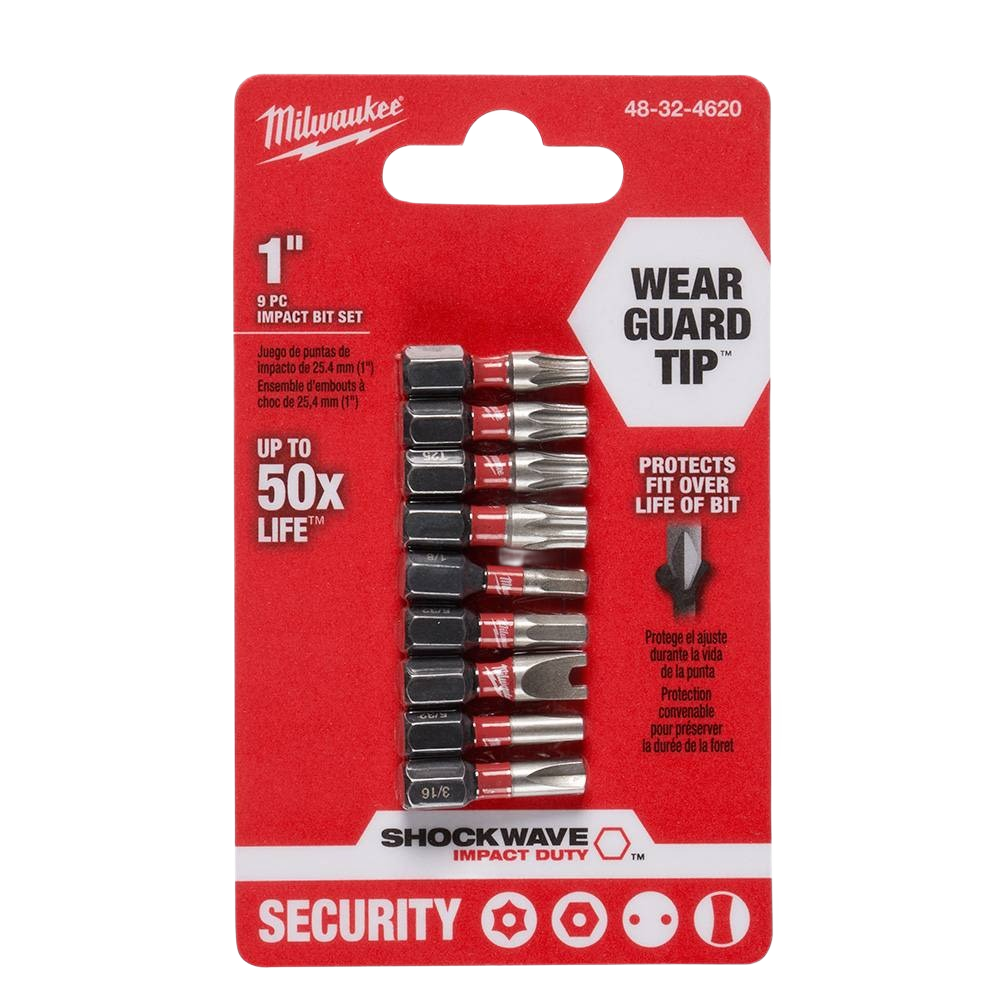 Set of nine 1-inch Milwaukee security impact bits with Wear Guard Tip, durable tool accessories for home improvement projects