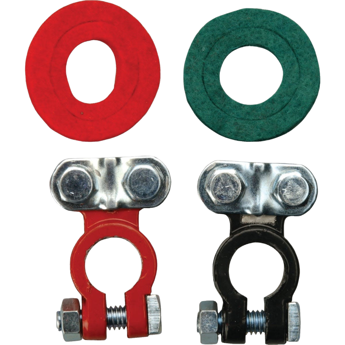 Red and black top post battery terminals with matching color-coded insulating washers for automotive and tool accessories under $50