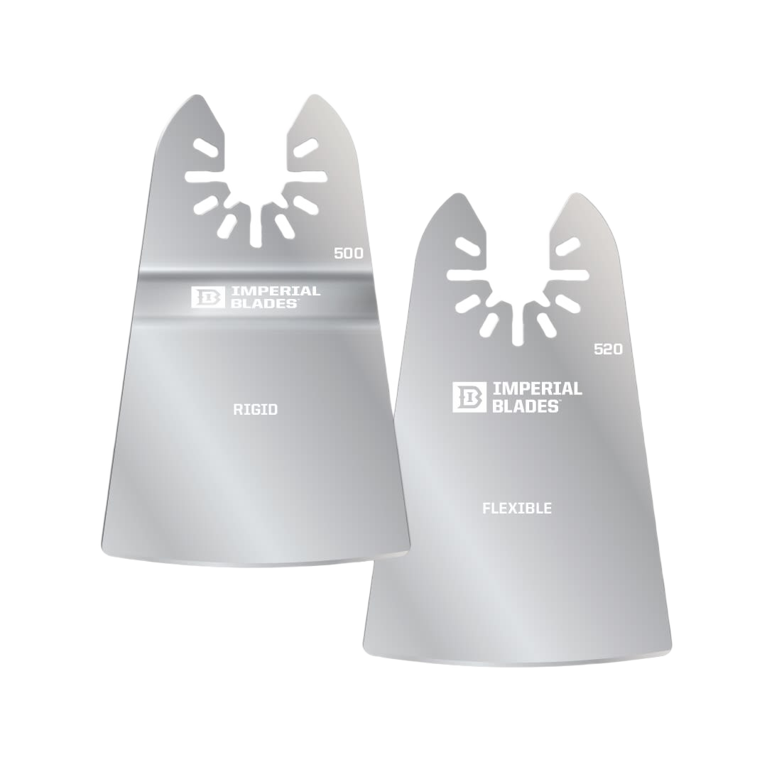 Two silver oscillating tool scraper blades marked rigid and flexible for home improvement tasks