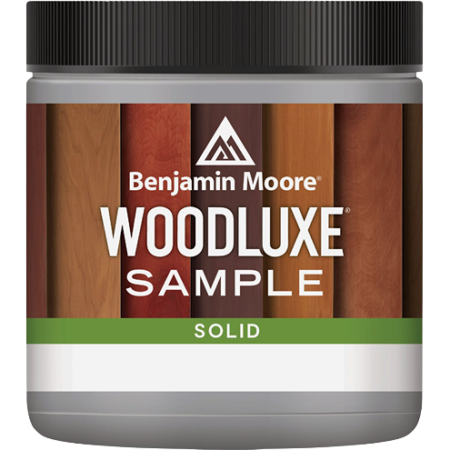 Small container of Benjamin Moore Woodluxe solid stain sample with wood grain design on label in exterior stains collection