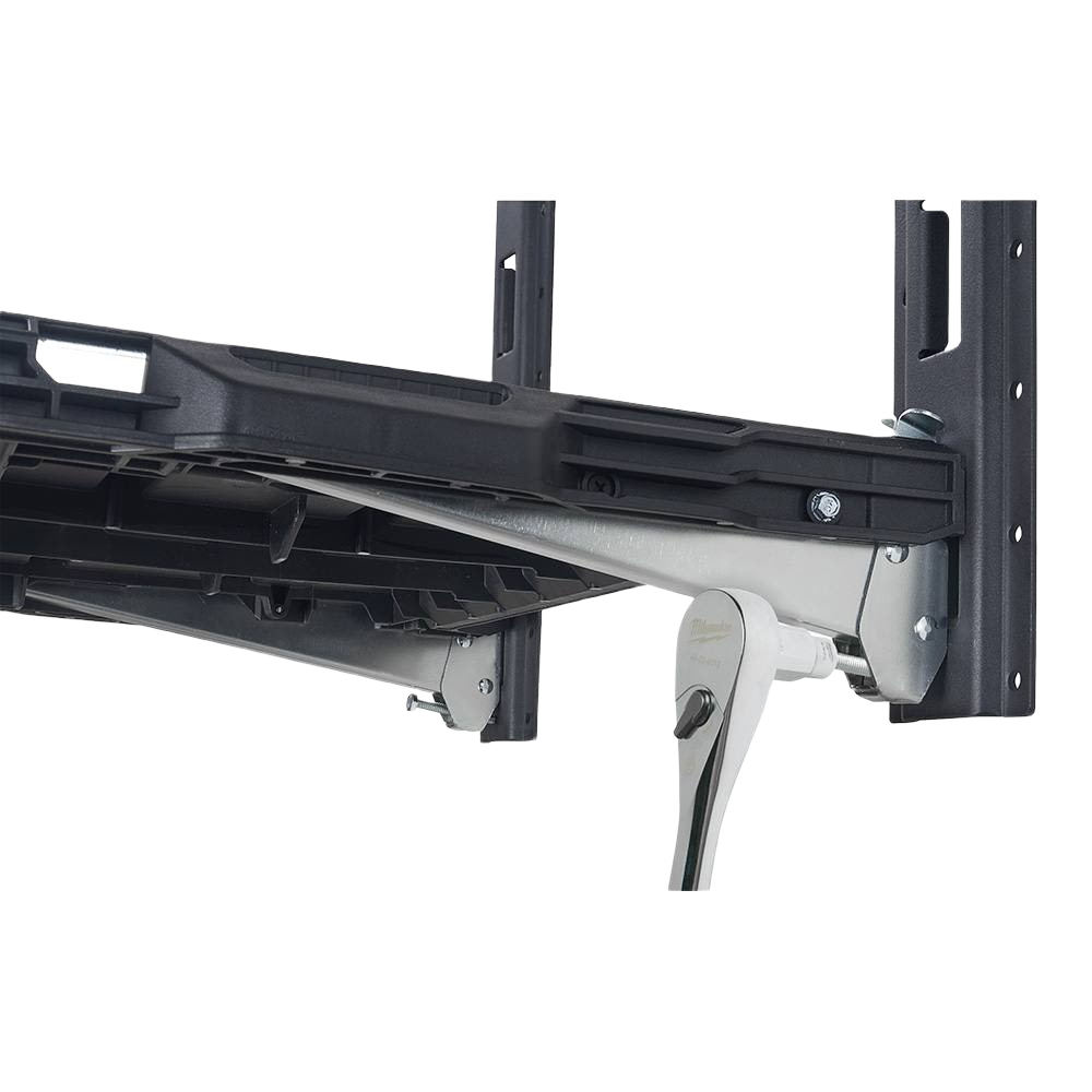 Adjustable black and metal shelving bracket with locking lever for secure tool storage and workshop organization systems