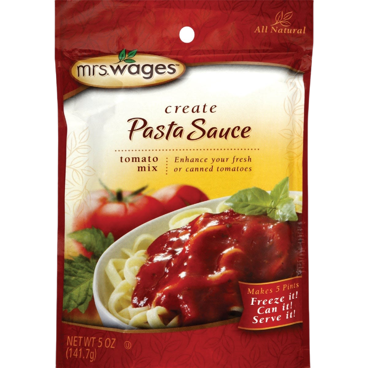 Mrs. Wages tomato mix pasta sauce packet with image of sauce over noodles and fresh basil garnish