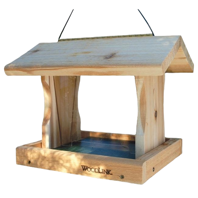 Natural wood bird feeder with slanted roof and hanging wire for outdoor use in tools and home improvement projects