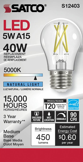 Clear LED light bulb with medium base and natural light output for energy-efficient home lighting and electrical use