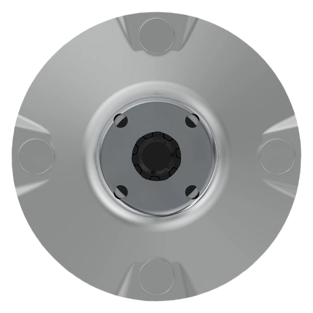 Circular metal mower blade spindle assembly with central black fitting and four mounting points for tools and home improvement use